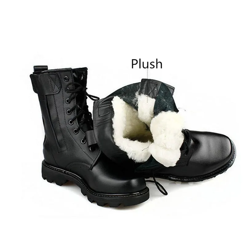 LIN KING Warm Plush Black Men Lace Up Motorcycle Boots Mid Calf Winter Shoes Steel Toe Puncture Proof Safety Man Military Boots