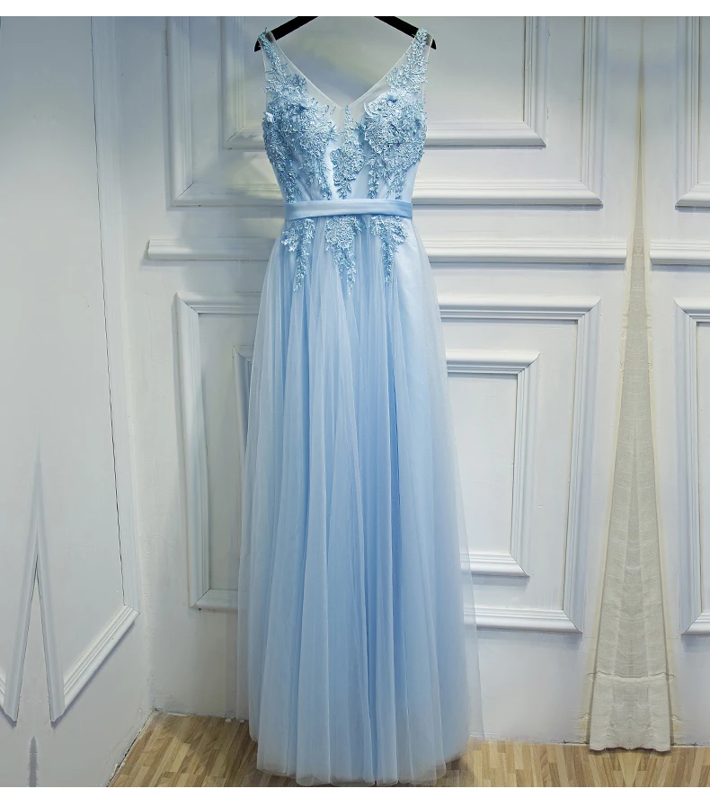 Элегантное светло синее кружевное торжественное женское вечернее платье длиной