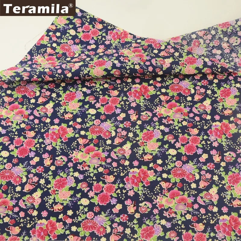 

Teramila Cotton Poplin Fabric Dark Blue Printed Floral And Birds Design Fat Quarter Meter Quilting Dress Decoration Shirt Tela