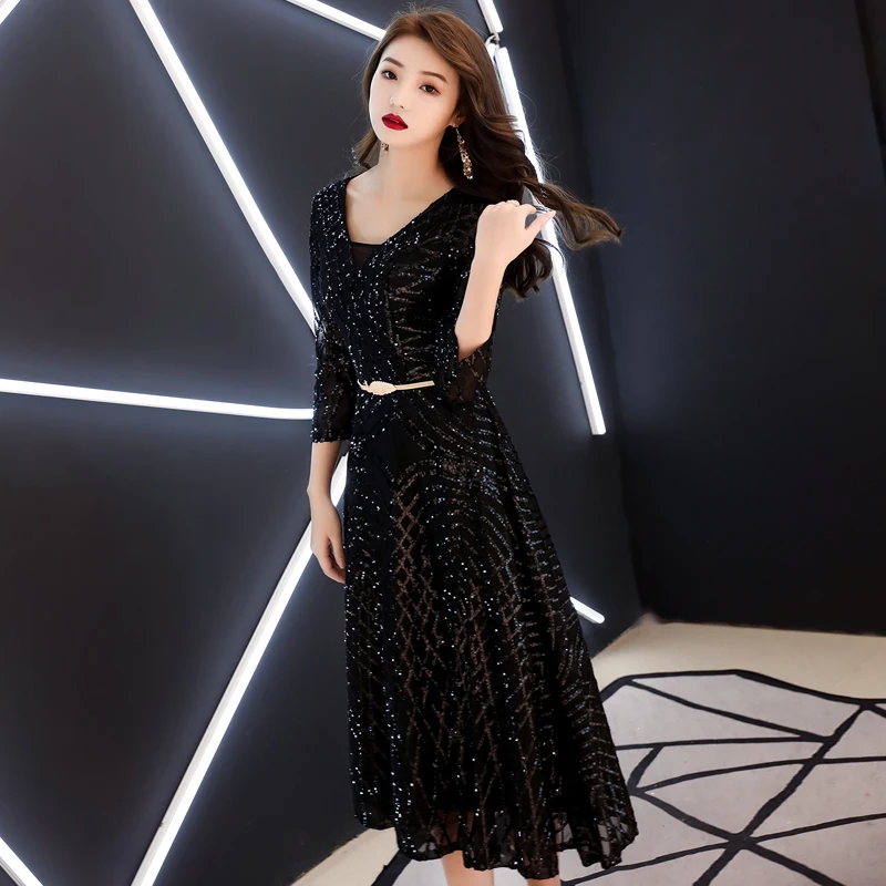 weiyin 2020 New Black V Neck Evening Dresses Long Sleeves Sequined Tea-length Party Gown Formal WY1238 | Свадьбы и торжества