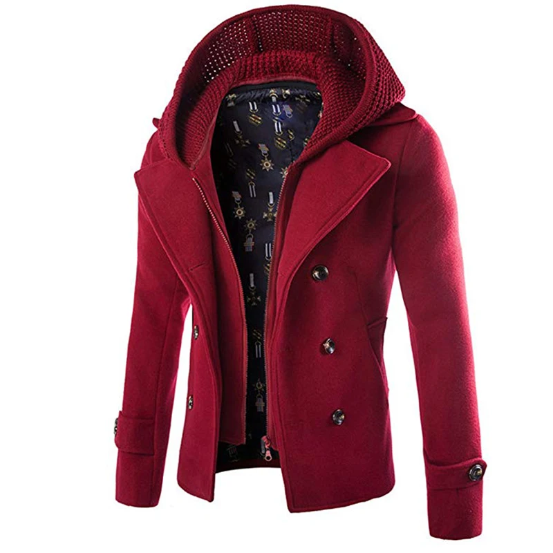 

Vogue Mens Wool Blend Coat Double Breasted Winter Outwear Pea Coats With Hoodie Warm Jacket Hat Detachable