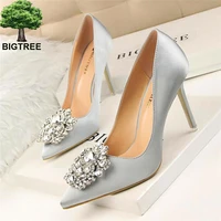 bigtree flower style woman wedding bridal shoes sexy pointed toe women pumps fashion solid silk shallow high heels 10cm shoes