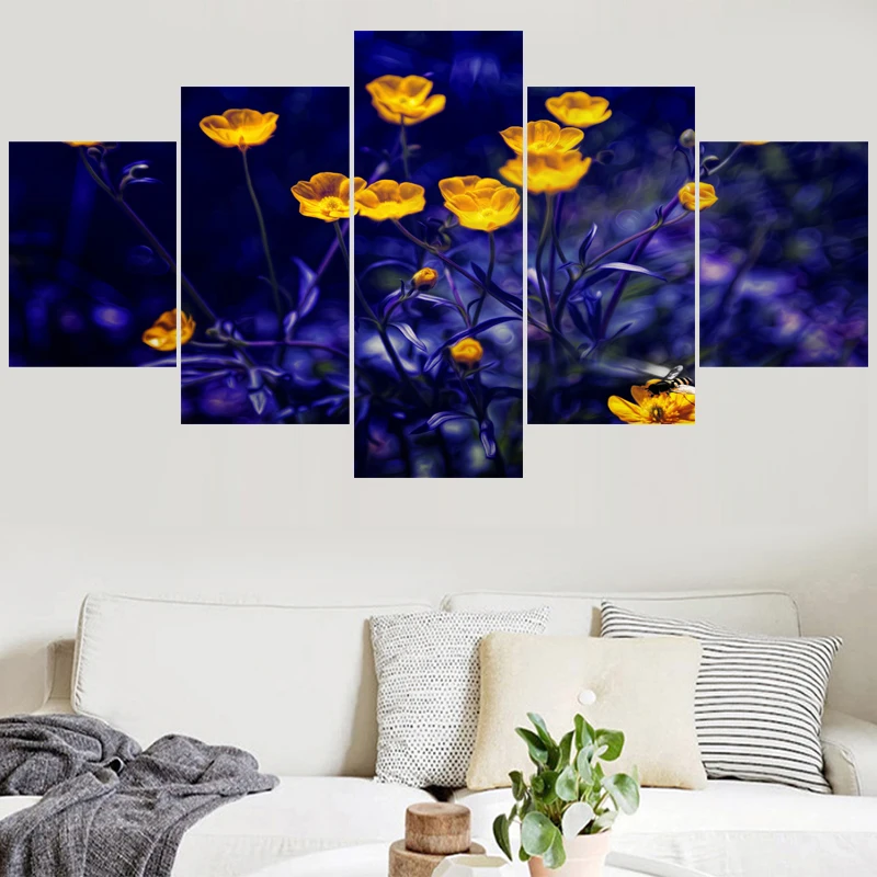 Картины с фиолетовыми золотыми цветами для спальни 5 шт. настенное искусство