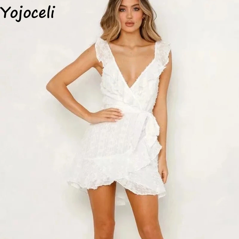 Yojoceli Сексуальная рюшами кисточкой лук шифоновое платье элегантные женские