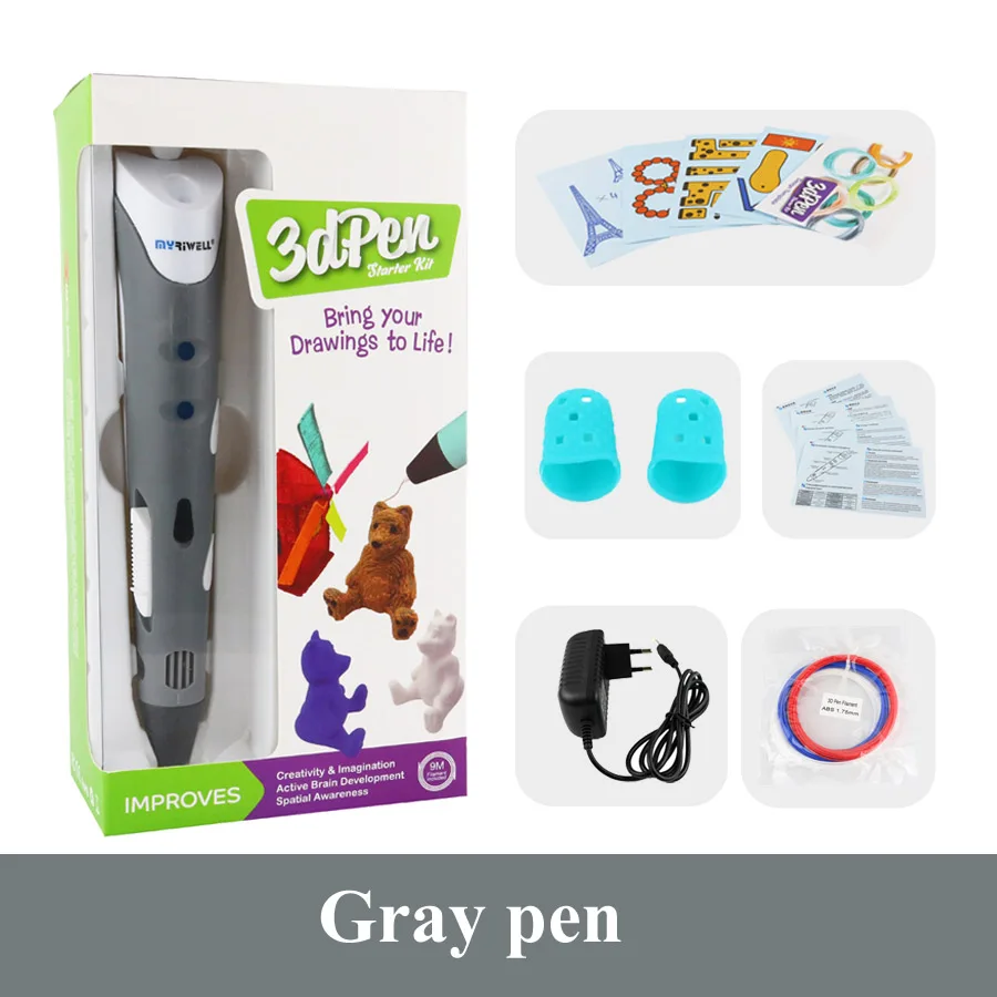 Gray pen Myriwell RP-100A 3d Ручка или 100 м 1,75 мм abs 3d принтер Ручка 3d печать Ручка Рождественский подарок для детей Рисование игрушки подарок на год - Цвет: Gray pen