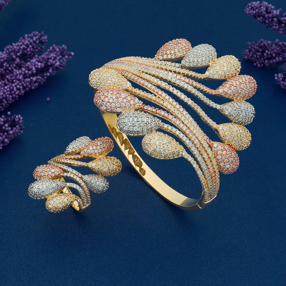 ModemAngel роскошный браслет с павлиньим хвостом и кубическим цирконием кольцо 3 тона