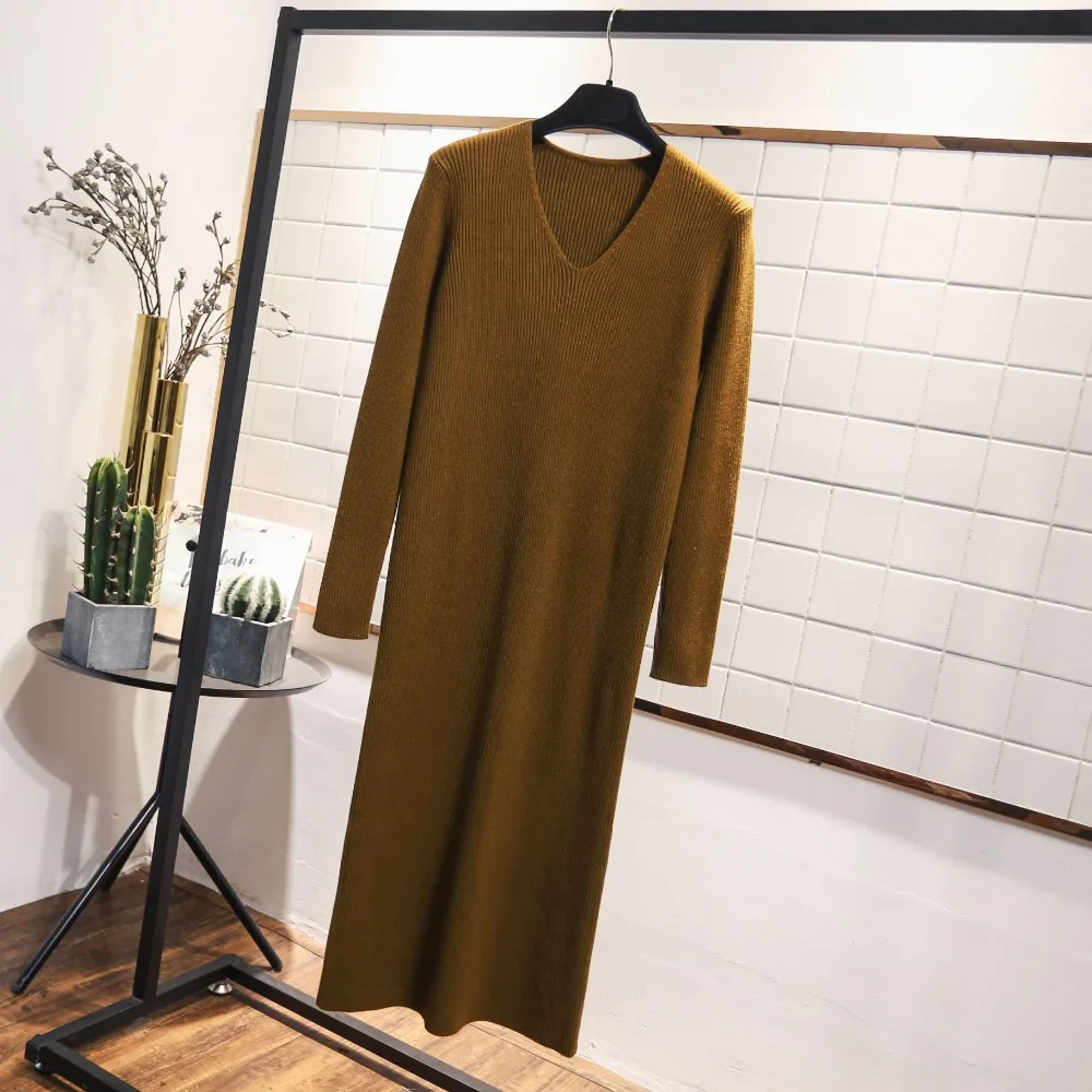 Прямое вязаное платье-свитер женское платье средней длины в Корейском стиле