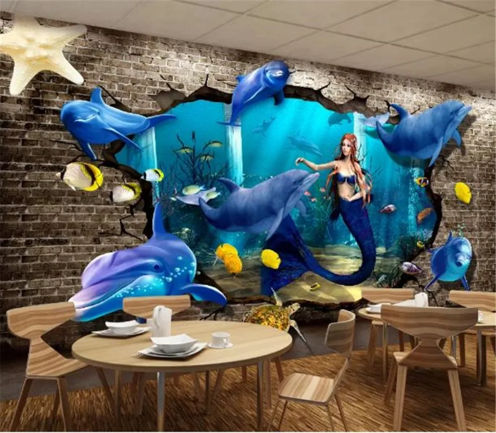 Custom Any Size 3d Wallpape Underwater World Dolphin Turtle Mermaid 3D Through the Wall TV Background Decoration Wallpaper | Обустройство