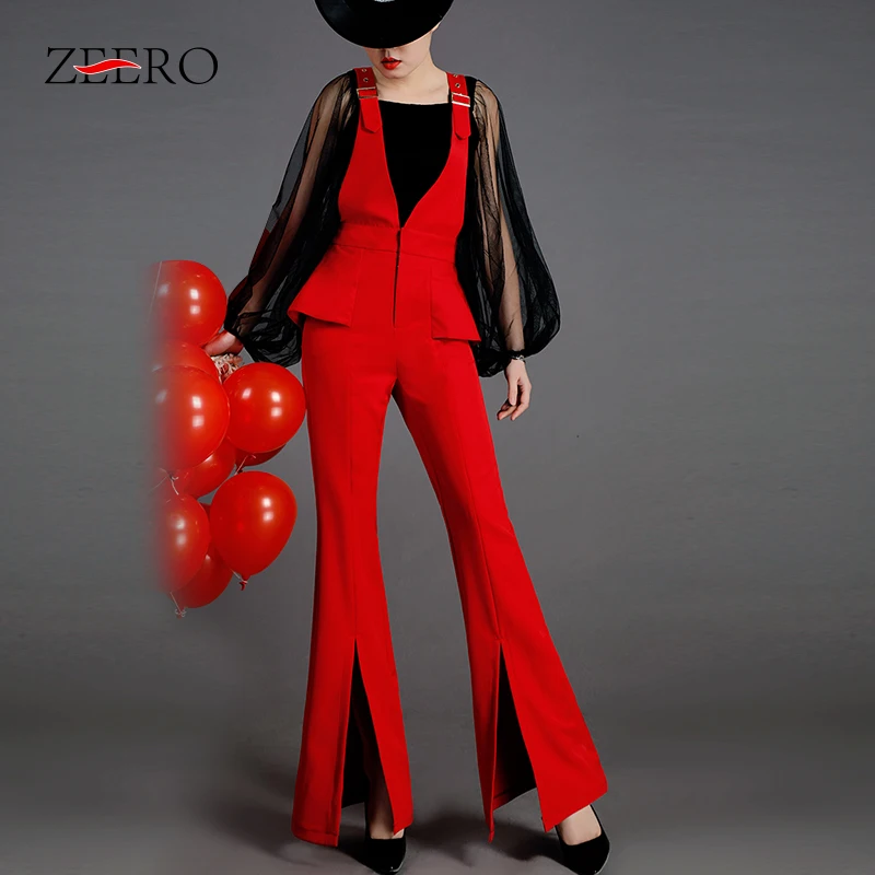 Женский офисный комбинезон с оборками красный черный широкими штанинами большие