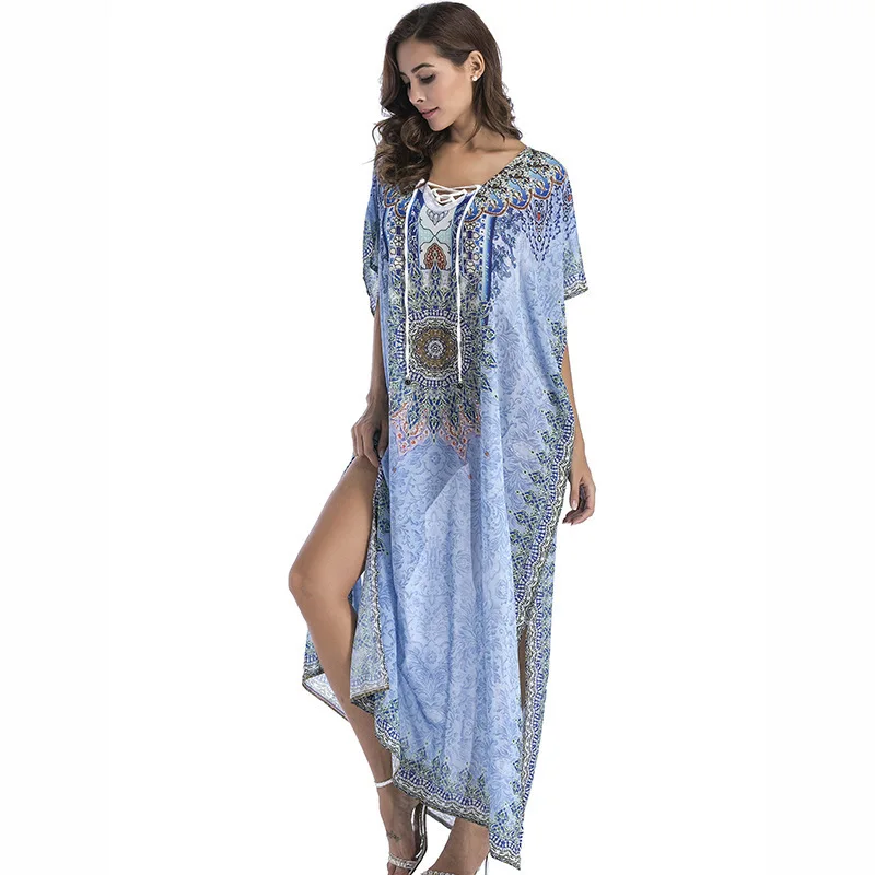 Feiterawn Summer V Neck Rhinestone Boho Print Loose Dress Women Chiffon Long Maxi Dresses Plus Size Leopard Beach | Женская одежда