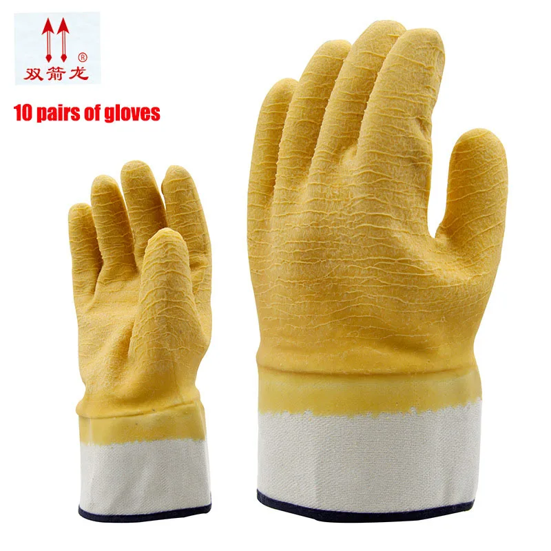 The new 2017 rubber gloves latex wrinkles antiskid safety glove canvas work hard mouth yellow gloves10 double/package | Безопасность и