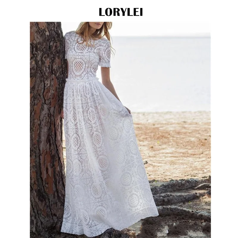 Женское платье-туника белое кружевное с коротким рукавом в винтажном английском