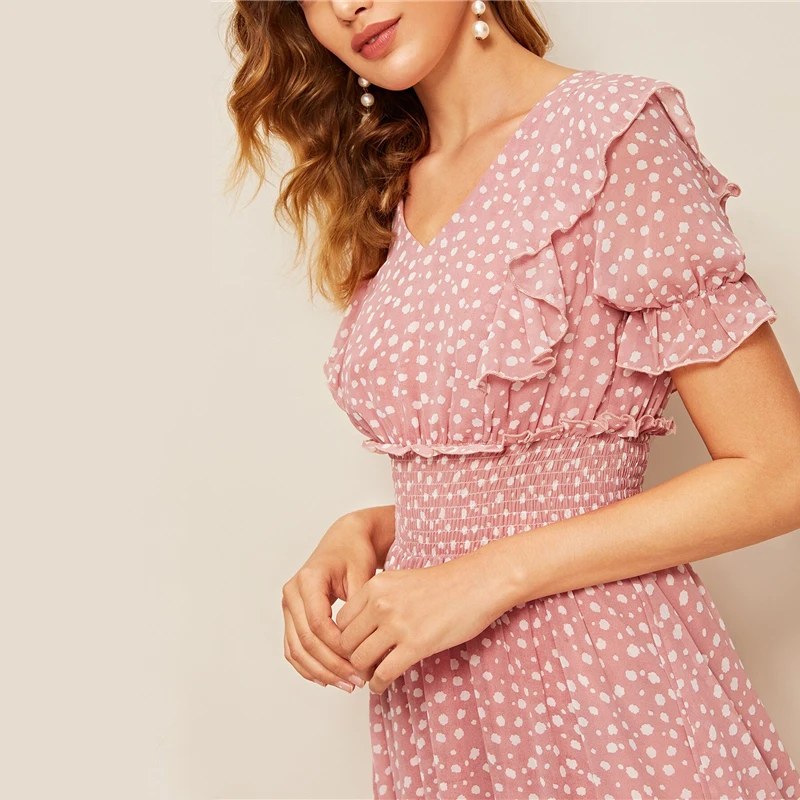 Sheinside Boho платье с v-образным вырезом и цветочным принтом для женщин, лето, рукав-волан, высокая талия, трапециевидные платья, женское платье миди в стиле бохо