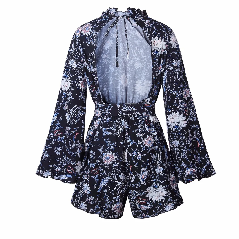 2017 новые винтажные с цветочным принтом комбинезон длинным рукавом Раффлед Стенд