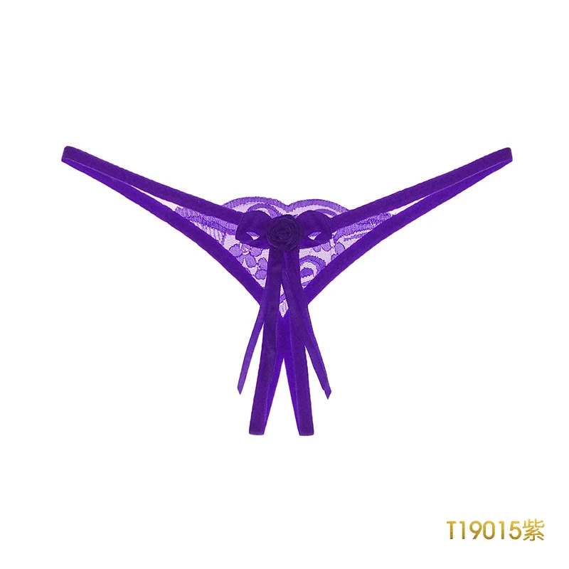 T19015 Purple JSY женские кружевные трусики с открытым шаговым швом красные ремешки без косточек короткие стринги с галстуком-бабочкой женские свободные размеры сексуальные T-back для секса - Цвет: T19015 Purple