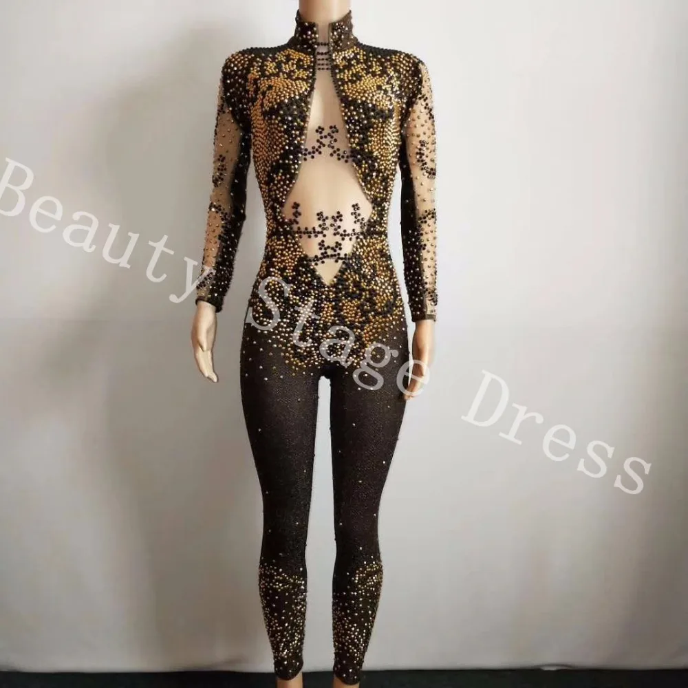 

Crystals Black Mesh Jumpsuit Bright Silver Rhinestones Tassel Bodysuit Women's Celebrate Luxurious Costume See Through Jumpsuit