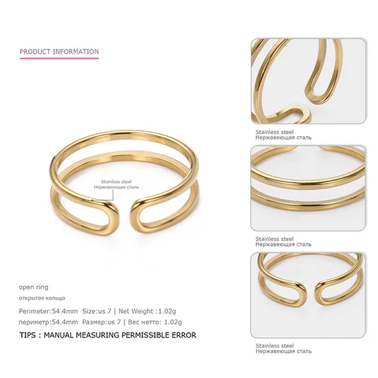 Gold Color Ring Нержавеющая сталь кольца для женщин открытым Регулируемый двойные кольца в золото Цвет свадьбы юбилей подарки eManco - Цвет основного камня: Gold Color Ring
