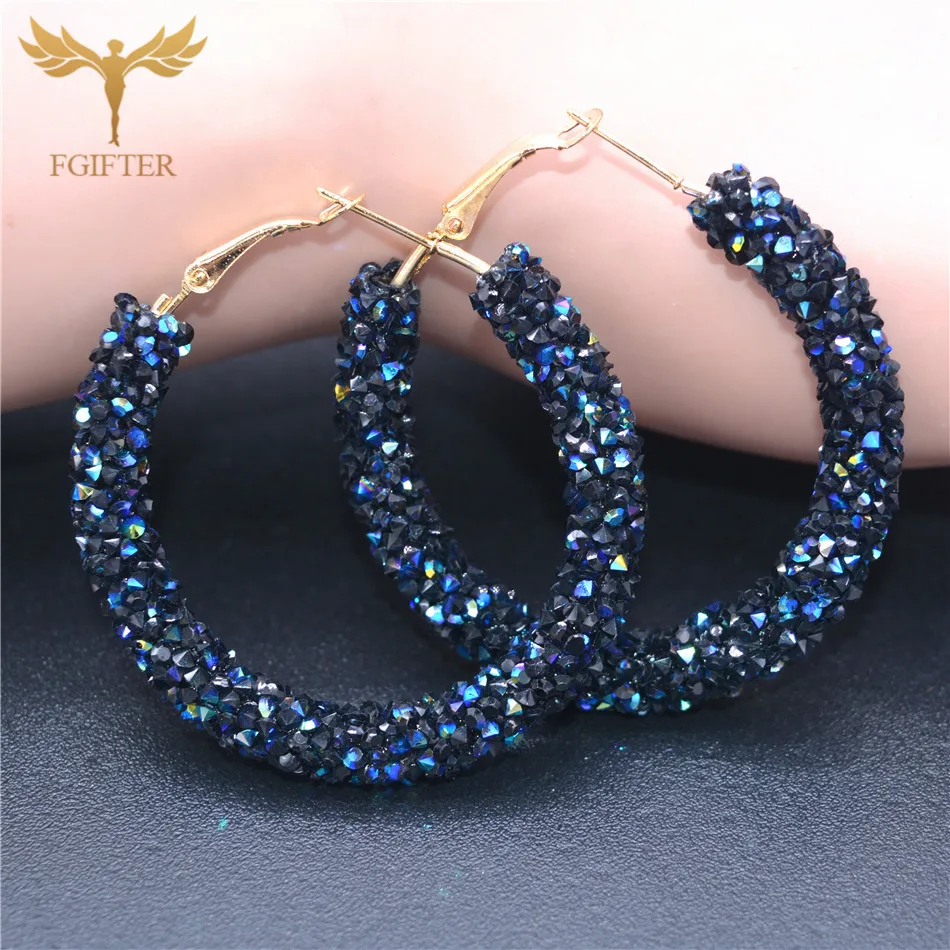 Blue Crystal Round Earrings for Women 48mm Big Hoop Earrings Gold Silver Color Cuff Hoops Woman Earrings Circles Jewelry