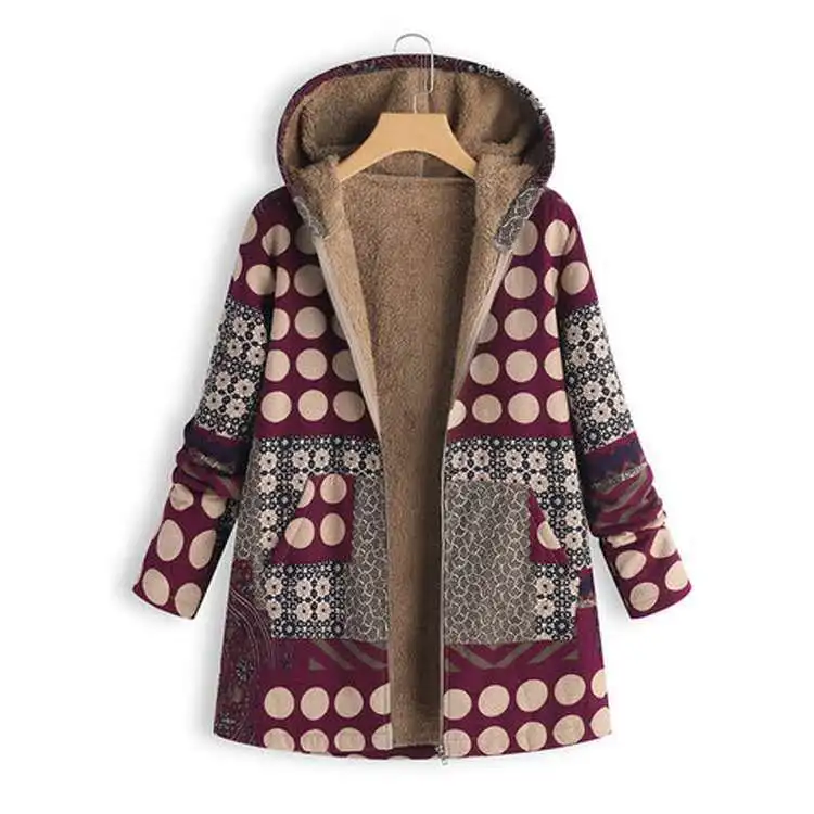 Printing plus velvet padded cotton splicing fashion loose casual woman coats winter 2018 Hooded Wool Blends | Женская одежда