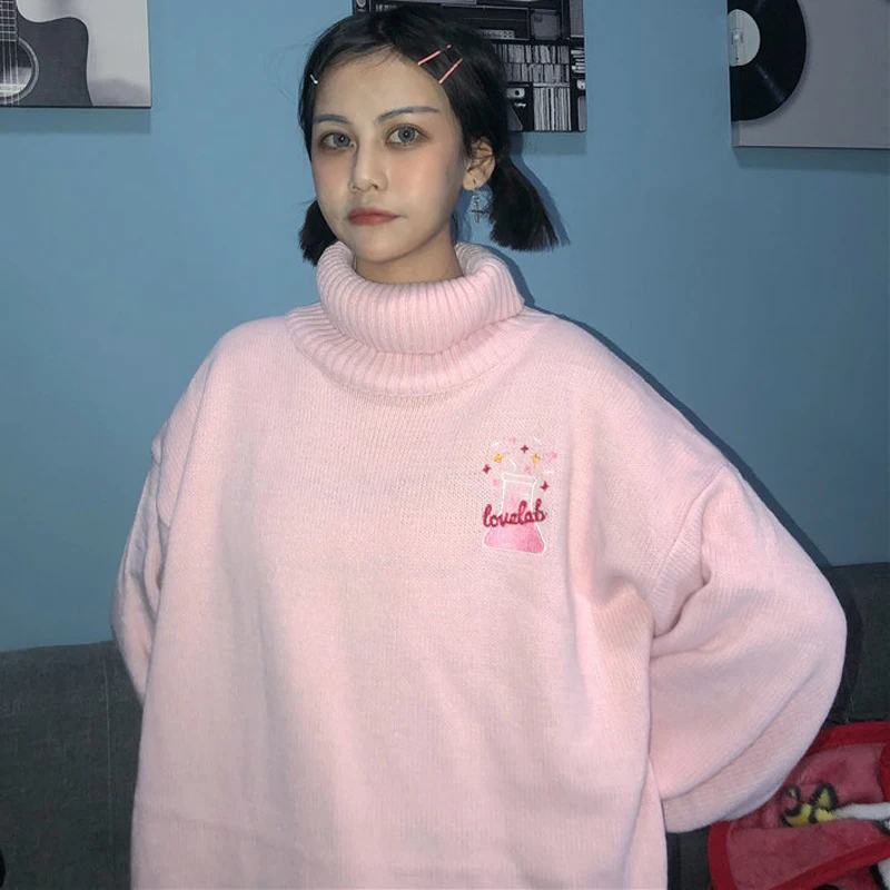 New Autumn Sweater Cotton Women 2019 Fashion High Collar Pink Loose Harajuku Cartoon Embroidered Female #6071 | Женская одежда