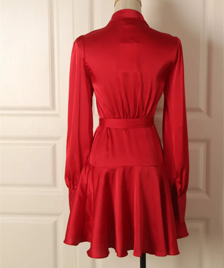 Elegant Silk Satin Dress Women Sexy V Neck Lantern Sleeve Ruffle Sash Mini Wrap Dress Ladies A Line Long Sleeve Dress Vestido