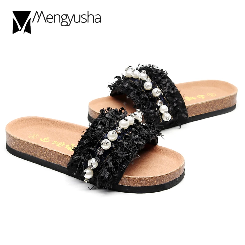 Женские красивые кружевные Шлепанцы из коровьей кожи замшевые сандалии на