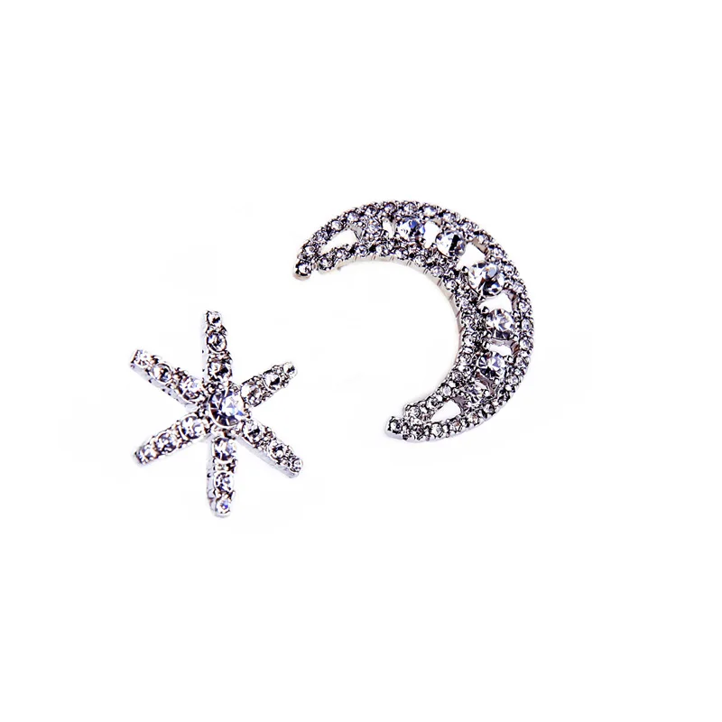 Женские асимметричные серьги гвоздики Moon Star Серебристые с кристаллами подарки