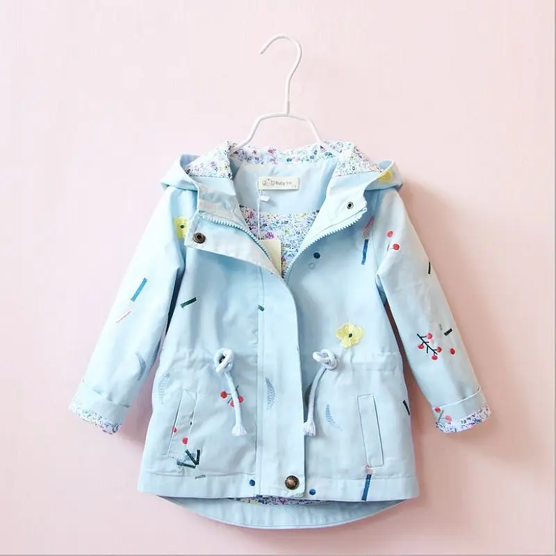 light blue Пальто и куртки для девочек; сезон весна-осень; детская ветровка; пальто для маленьких девочек с цветочной вышивкой; Верхняя одежда с капюшоном; детская куртка; одежда - Цвет: light blue