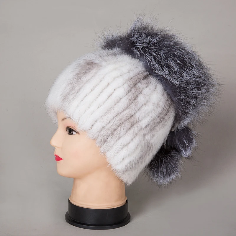 Зимние шапки 2018 из меха норки шапки-бини Меха чернобурки шапка с помпоном