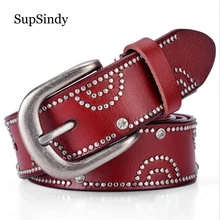 SupSindy hot womens genuine leather belt Punk Rhinestone rivets luxury brand designer belts for women high quality female belt