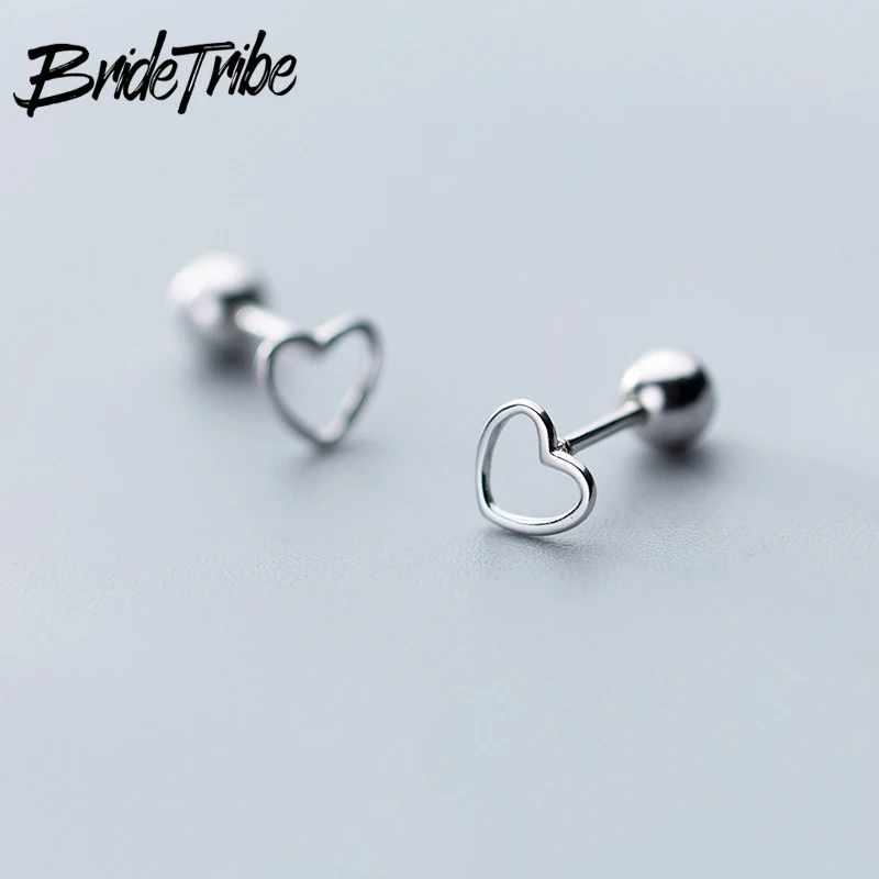 Серьги-шурупы Bridetribe Korean Small Hollow Heart из стерлингового серебра 925 для женщин, девочек и детей в минималистическом стиле с маленьким пустым сердцем.