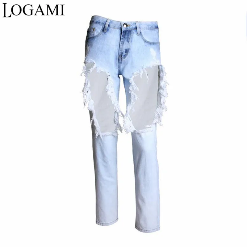 

LOGAMI Boyfriend Woman Jeans Summer 2018 Big Hole Ripped Jeans For Womens Straight Pants Light Blue