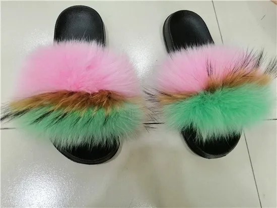 COOLSA Hot Women's Striped Plush Fur Slippers Super Fluffy Furry Fox Fur Slides Travel Quick Drying Beach Flip Flops Plus Size - Цвет: as picture shows