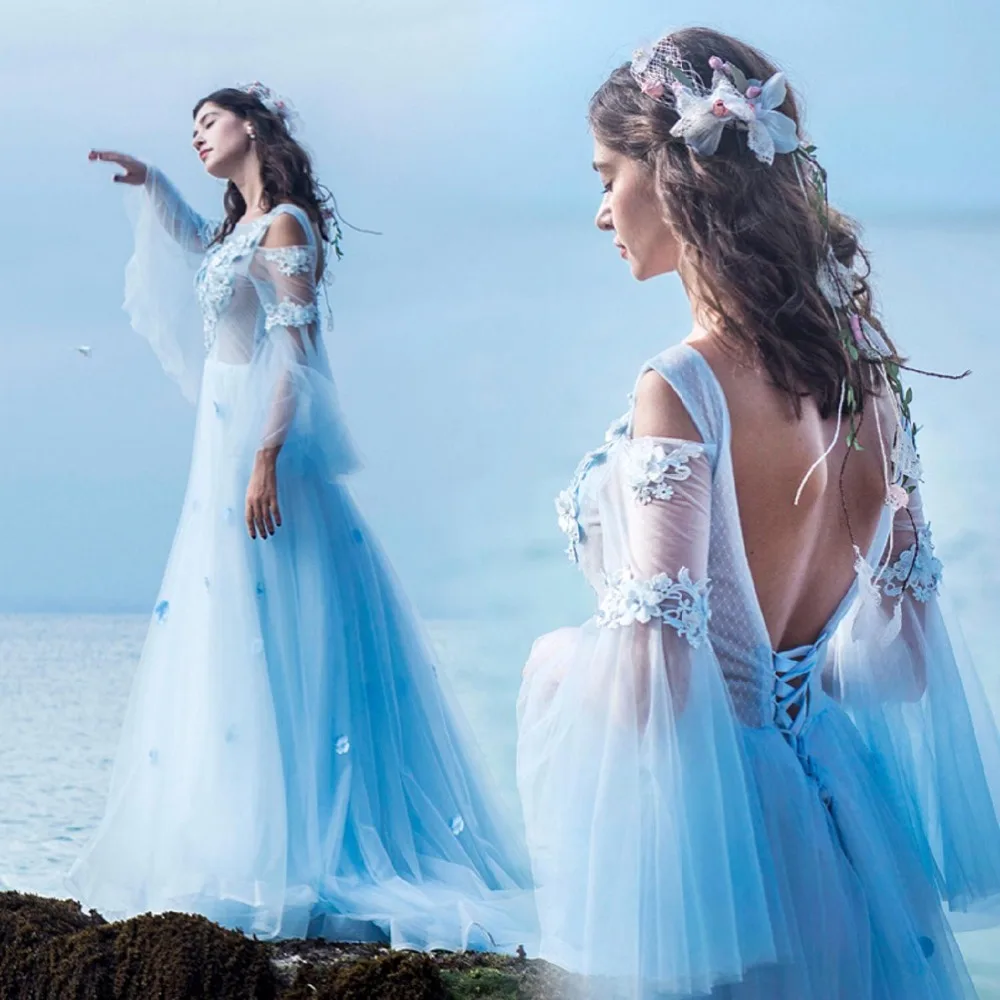 Высокое качество 2019 красивое синее свадебное платье с аппликацией Vestido de Noiva es