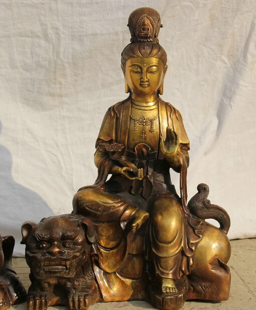 SCY JP S0524 20 &quotТибет Буддизм Бронзовый Gild Ру Йи Сиденье Лев слон Wenshu Манджушри