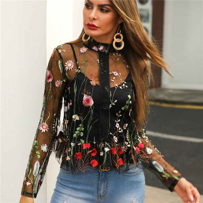 2019 Для женщин пикантные с длинным рукавом Лето See Through Рубашка женская