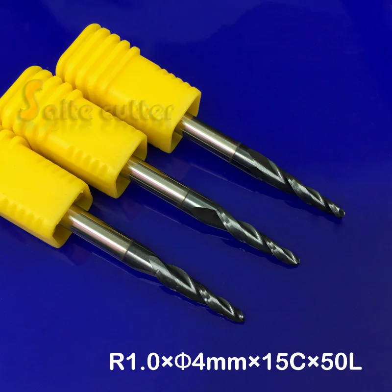 

3PC 2 flutes Tungsten solid carbide Coated Tapered Ball Nose End Mills taper and cone endmills HRC55 SHK 4mm Radius 1.0mm
