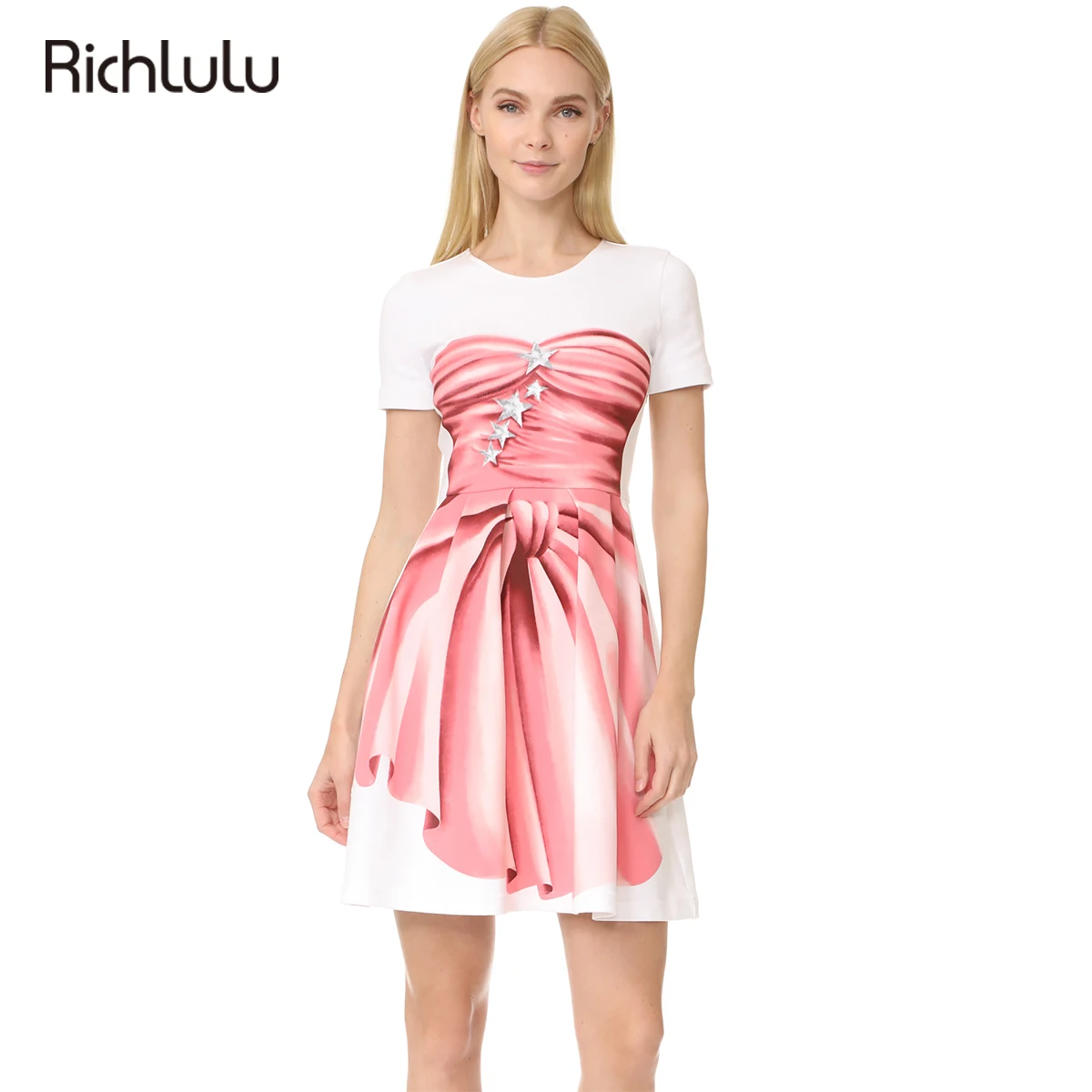 Richlulu Для женщин однотонные белые с розовым бантом платье принтом круглым вырезом