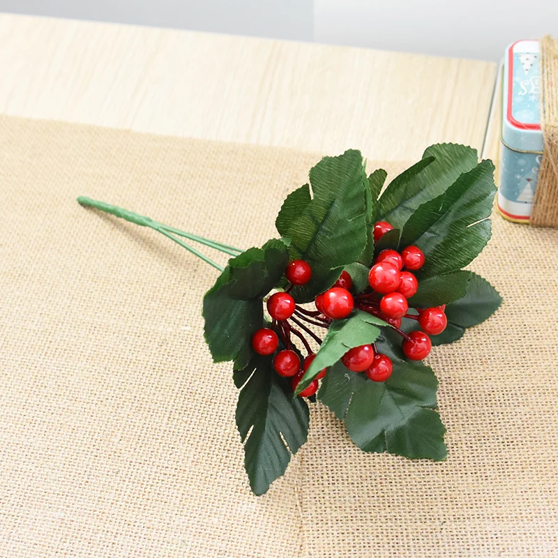 NUCHI 27cm trigeminal Christmas leaf simulation red fruit berry string cutting tree decorations diy accessories | Дом и сад