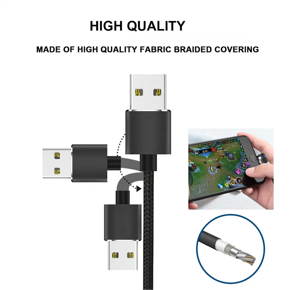 Магнитный USB кабель для зарядки 90 градусов игровой светодиодный свет IOS & Micro Type C