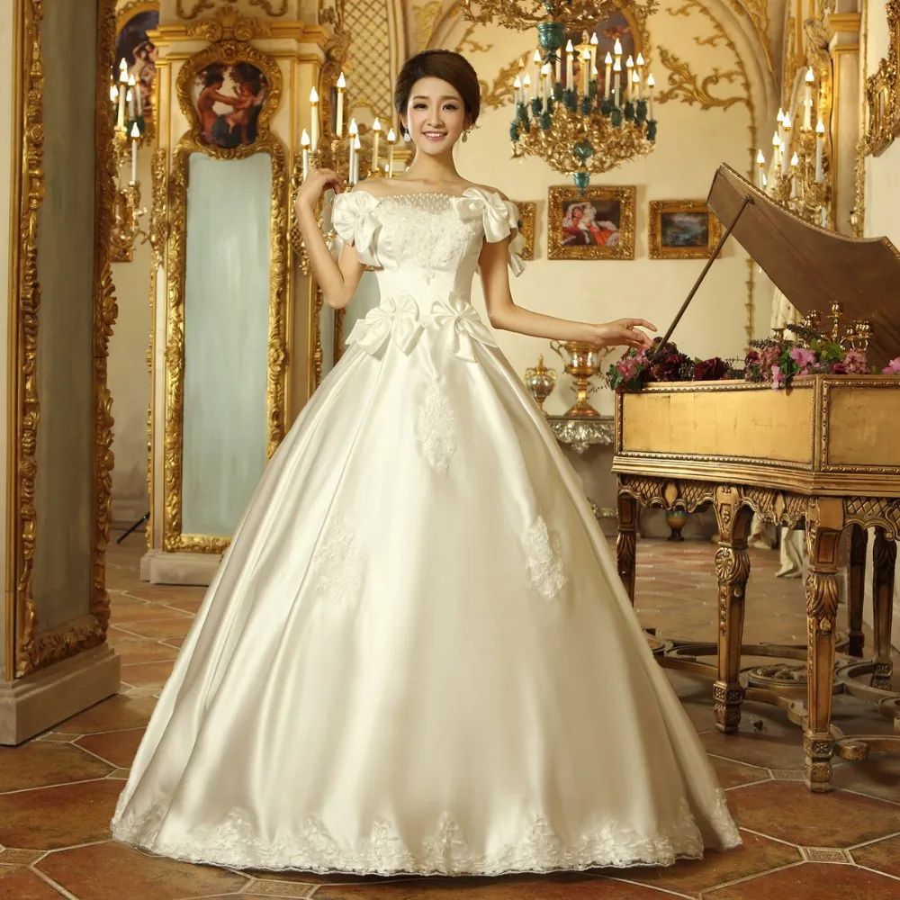 

New Princess Wedding Dresses with Bows White/Ivory Sweet Bridal Gown Floor Length Ball Gown Satin Vestidos De Novia