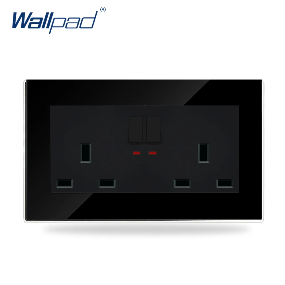

146*86mm 13Amp LED Switched UK Socket Wallpad Black Glass 110v-250V Double 13 A British Standard Wall Switched Socket with Neon