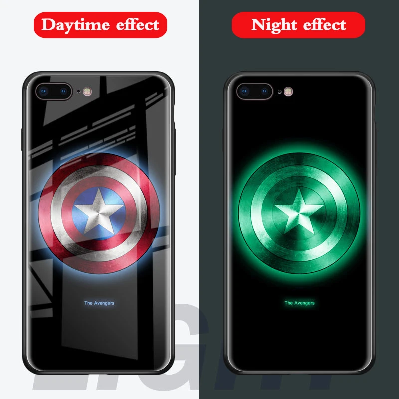 Captain America Marvel Мстители Бэтмен чехол в виде светящегося стекла для iphone 7 8 6 6s Plus X 10 черный Человек-паук Железный человек ночной Светильник задняя крышка - Цвет: Captain America