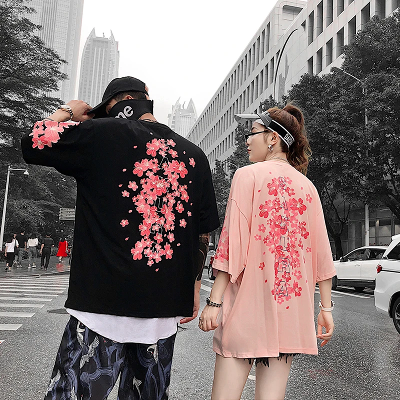 Японский уличный Harajuku уличная розовая вишневая Футболка мужская модная футболка Мужская парная хлопковая футболка хип-хоп Футболка