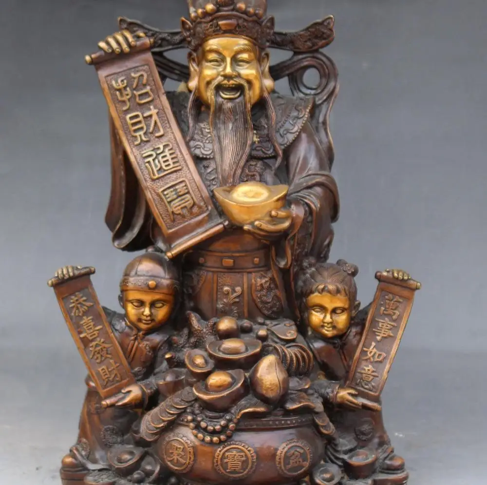 14&quotChinese Bronze Gilt Wealth Treasure bowl Dragon Mamon Tongzi Kid Peach Statue | Дом и сад