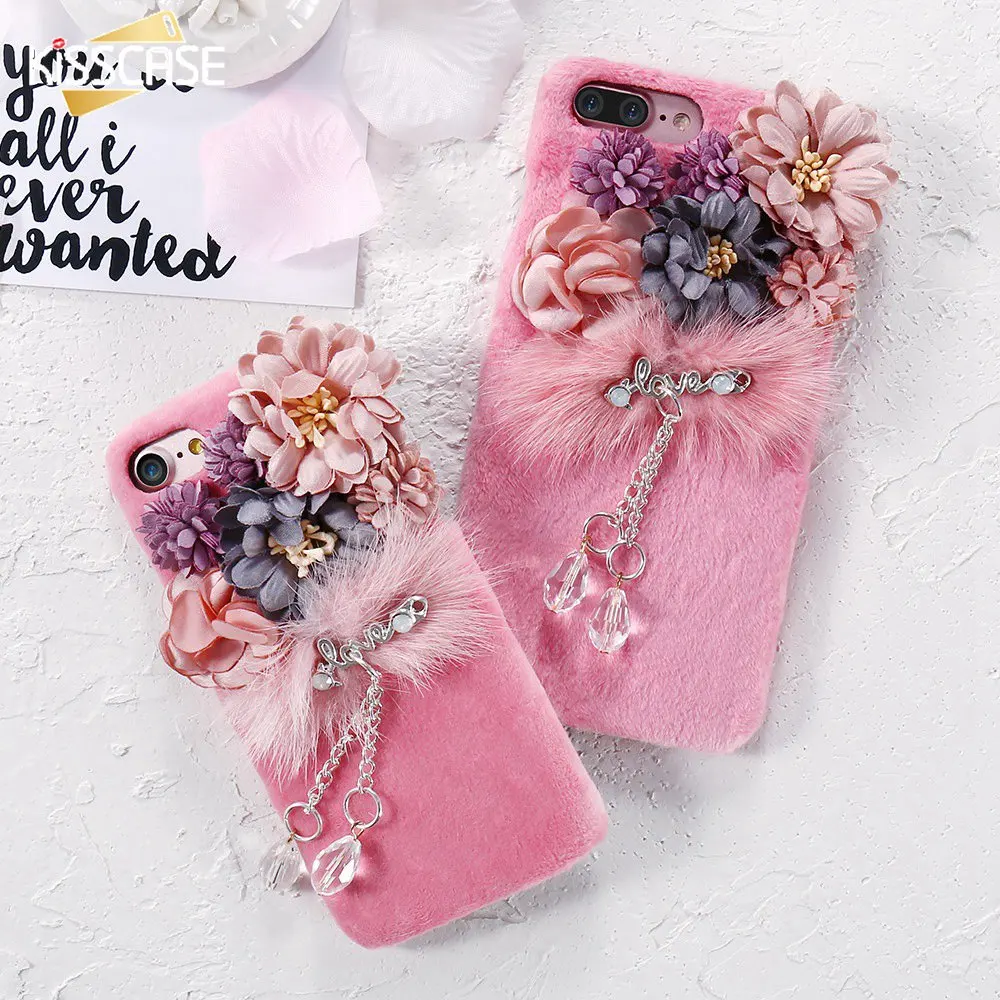 KISSCASE Luxury 3D Flowers Fur Cases Cover For iPhone 7 7Plus Phone Lovely Korean Back Apple 6 6S Plus |