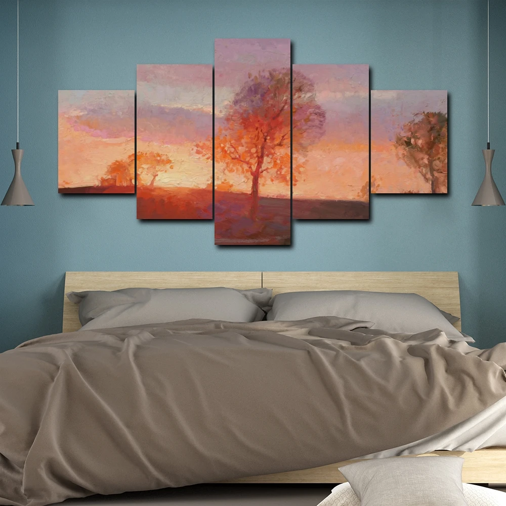 Laeacco Canvas Calligraphy Painting 5 Panel Sunrise Tree Posters And Prints Wall Art Pictures for Living Room Home Decor | Дом и сад