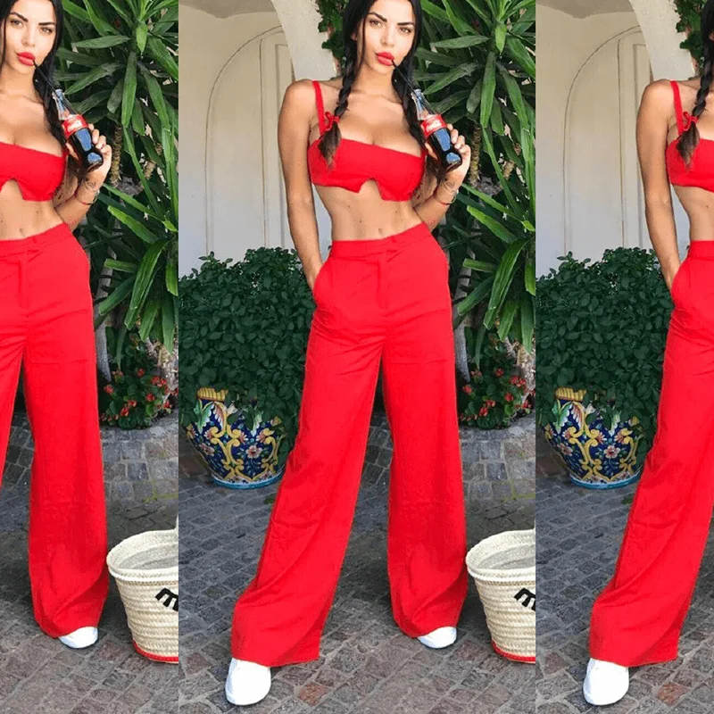 Комплект из 2 предметов Женский однотонный укороченный топ на бретелях спагетти