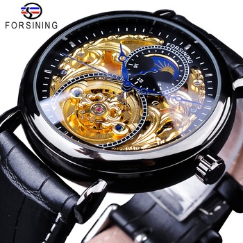 Forsining Fashion Black Golden Clock Blue Hands Design Mens Automatic Watches Black Genuine Leather Waterproof Transparent Case-111083