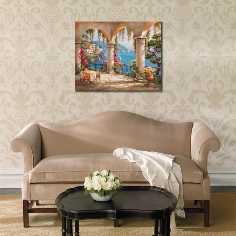 Beste Wall Art Canvas Kustlijn Mediterrane Olieverf Terras Arch Moderne Landschappen Foto's Voor Room Decor Handgemaakte Kunstwerk